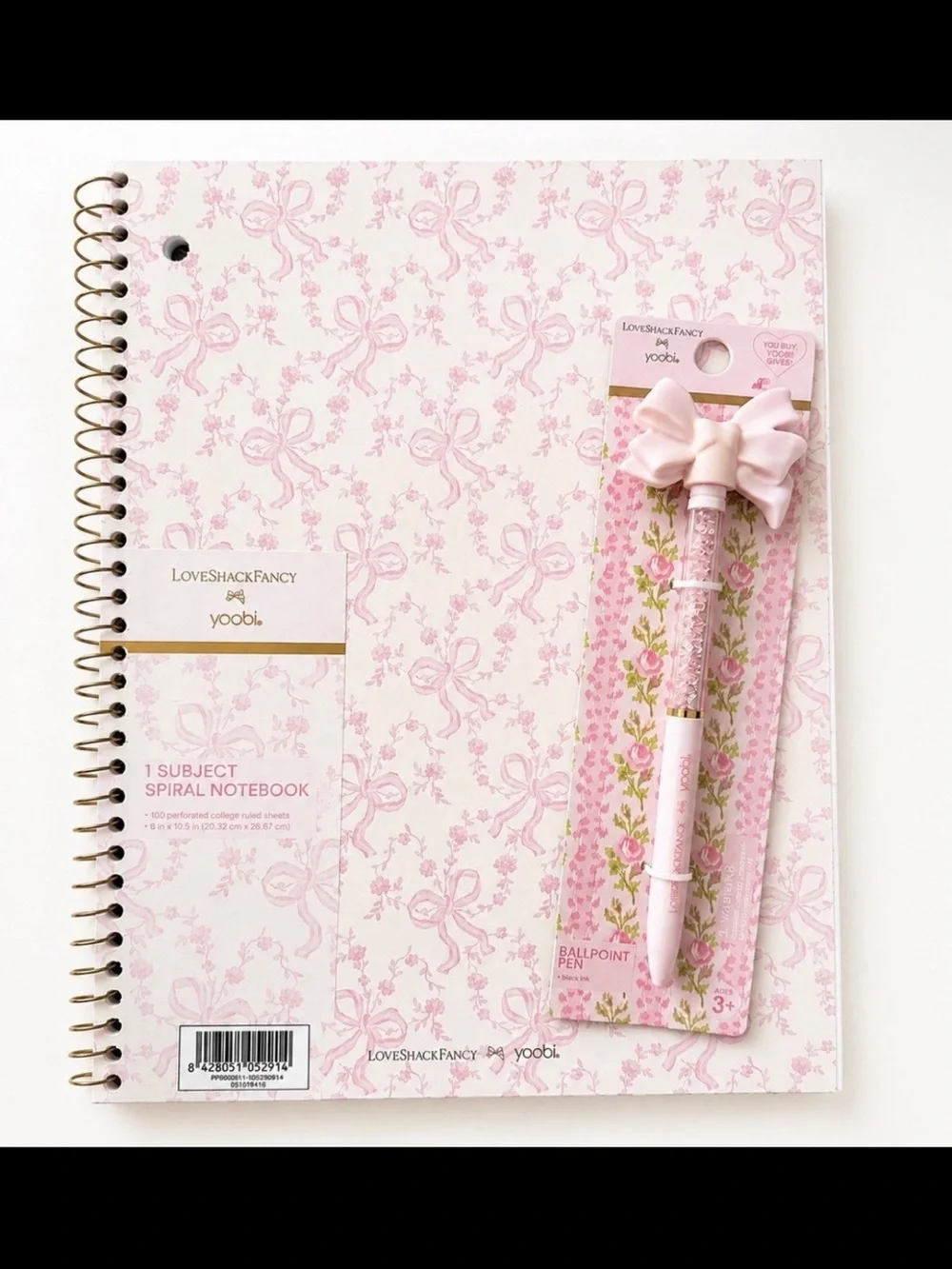 LoveShackFancy x Yoobi Spiral Notebook & Bow Pen Gift Set Pink NWT Coquette